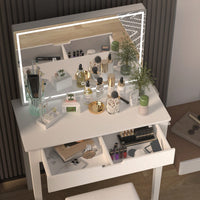 Elegant White Vanity Table With Dimmable LED Mirror And Storage Drawer For Makeup And Cosmetics With Comfortable Stool