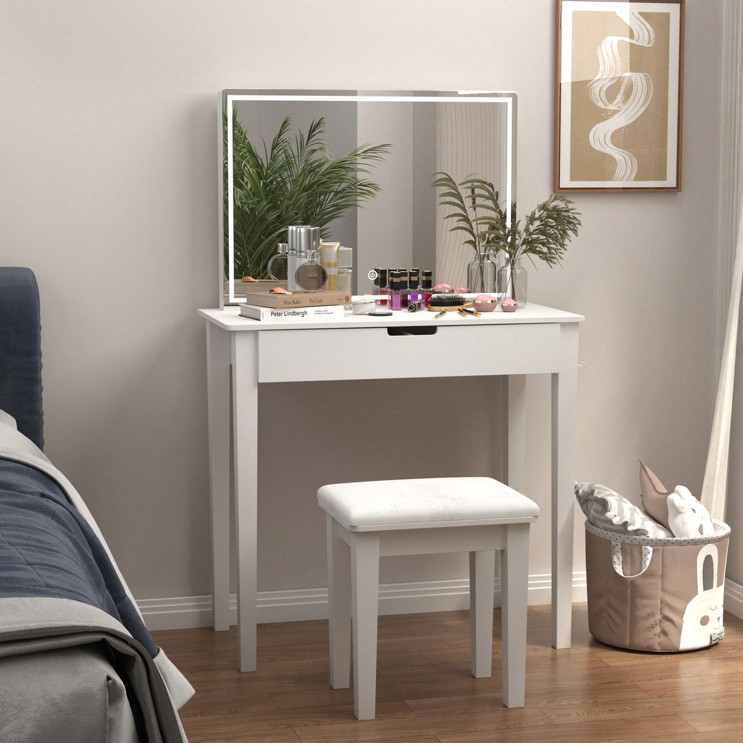 Elegant White Vanity Table With Dimmable LED Mirror And Storage Drawer For Makeup And Cosmetics With Comfortable Stool