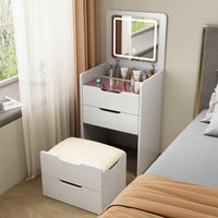 Stylish 3-in-1 Makeup Vanity Desk with Flip Top Mirror and Glass Surface, 3 Drawers and Cushioned Stool for Bedroom Decor