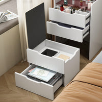 Stylish 3-in-1 Makeup Vanity Desk with Flip Top Mirror and Glass Surface, 3 Drawers and Cushioned Stool for Bedroom Decor