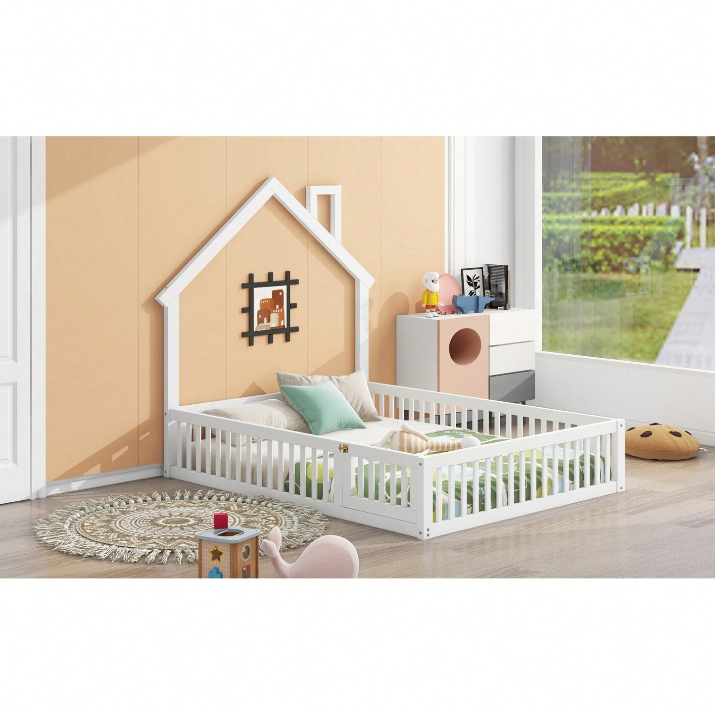 Elegant White Wooden Full Size House Platform Bed With Safety Guardrail