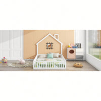 Elegant White Wooden Full Size House Platform Bed With Safety Guardrail