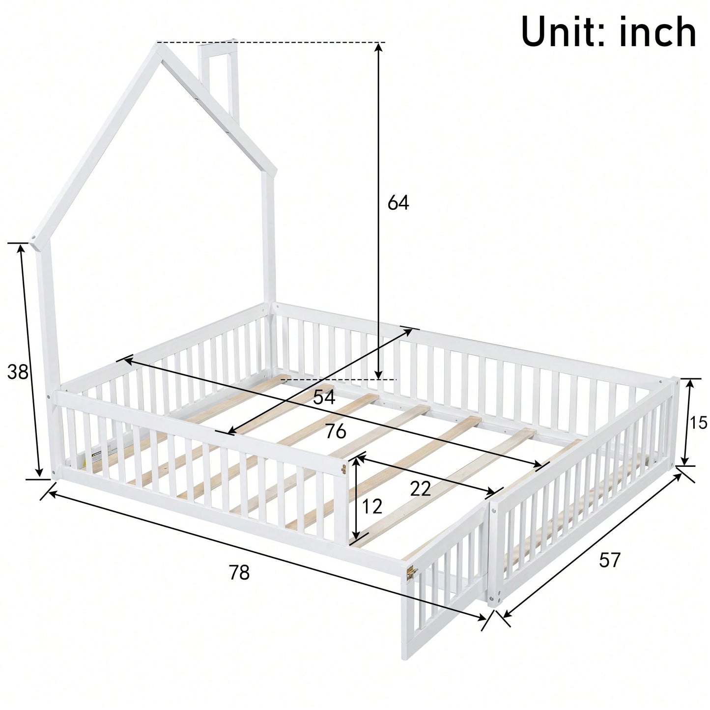 Elegant White Wooden Full Size House Platform Bed With Safety Guardrail
