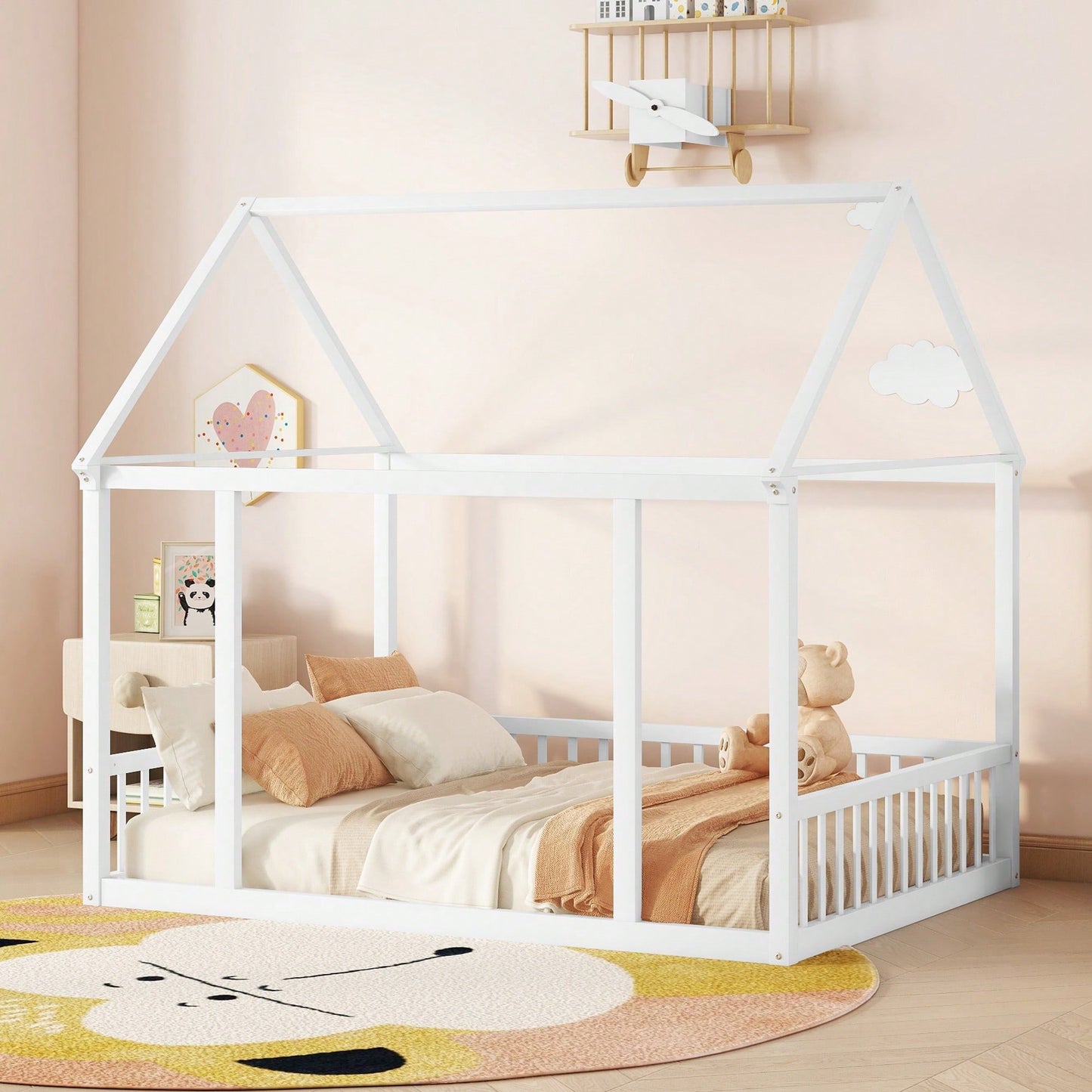 Wooden House Frame Bed With Safety Guardrails In Gray For Kids