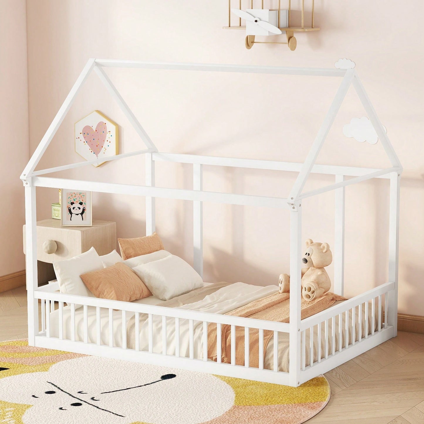 Wooden House Frame Bed With Safety Guardrails In Gray For Kids