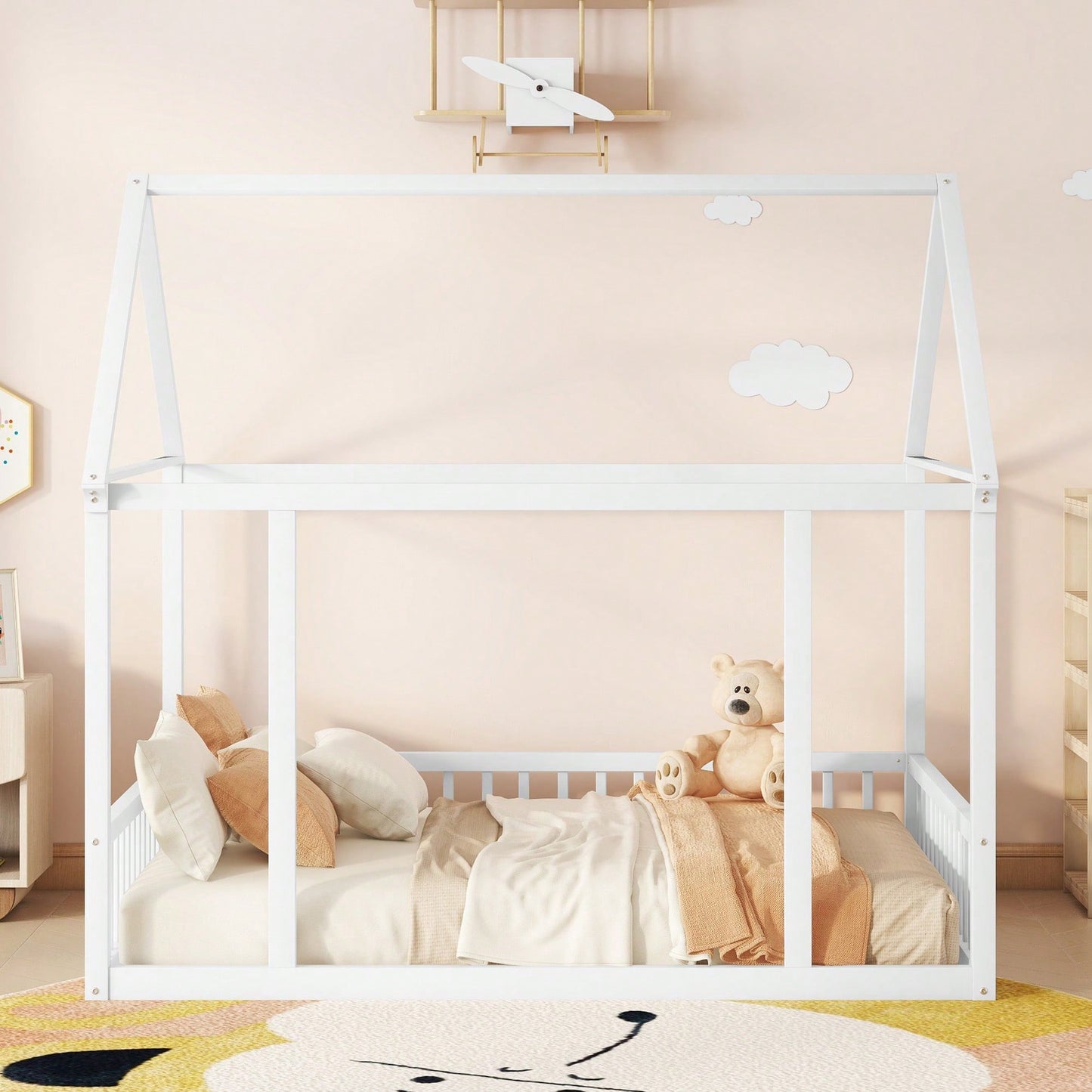 Wooden House Frame Bed With Safety Guardrails In Gray For Kids