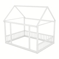 Wooden House Frame Bed With Safety Guardrails In Gray For Kids