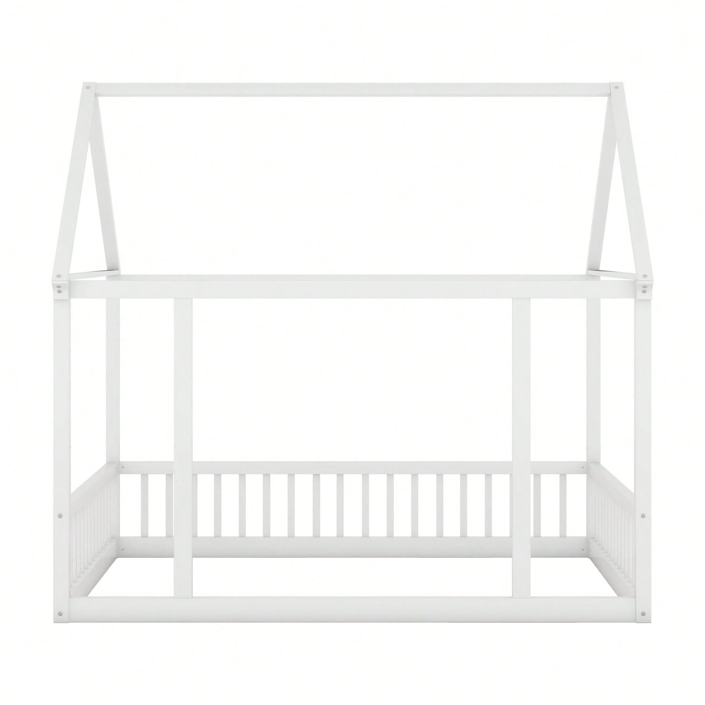 Wooden House Frame Bed With Safety Guardrails In Gray For Kids