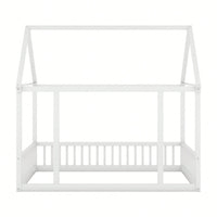 Wooden House Frame Bed With Safety Guardrails In Gray For Kids