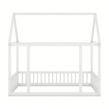 Wooden House Frame Bed With Safety Guardrails In Gray For Kids