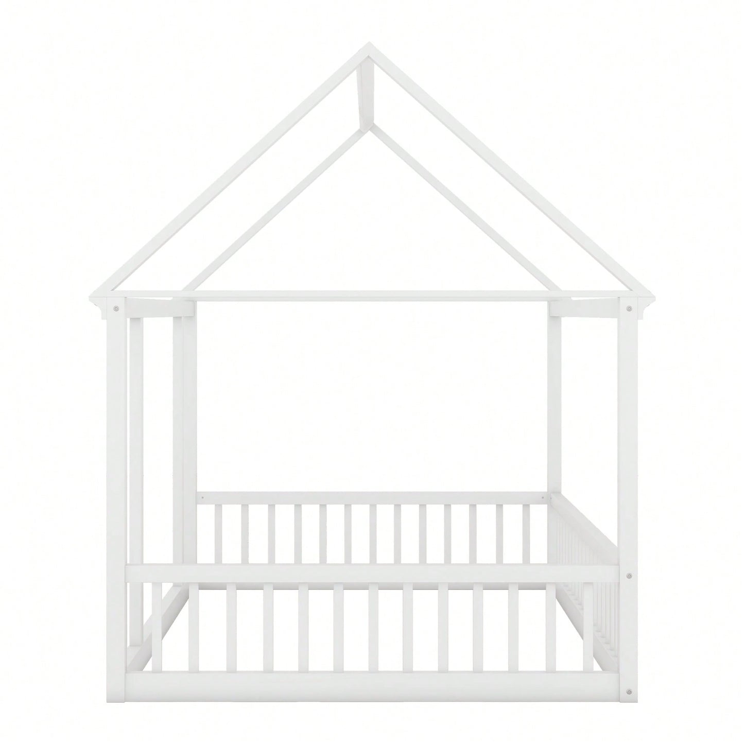 Wooden House Frame Bed With Safety Guardrails In Gray For Kids