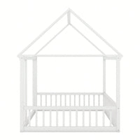 Wooden House Frame Bed With Safety Guardrails In Gray For Kids