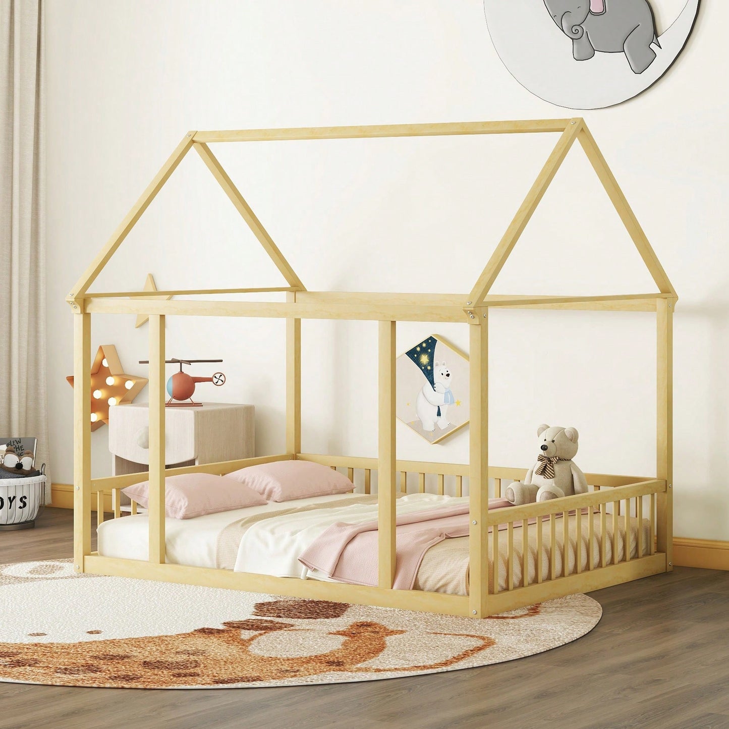 Wooden House Frame Bed With Safety Guardrails In Gray For Kids