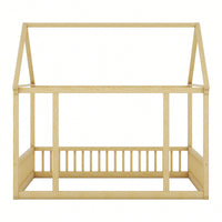 Wooden House Frame Bed With Safety Guardrails In Gray For Kids