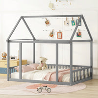 Wooden House Frame Bed With Safety Guardrails In Gray For Kids