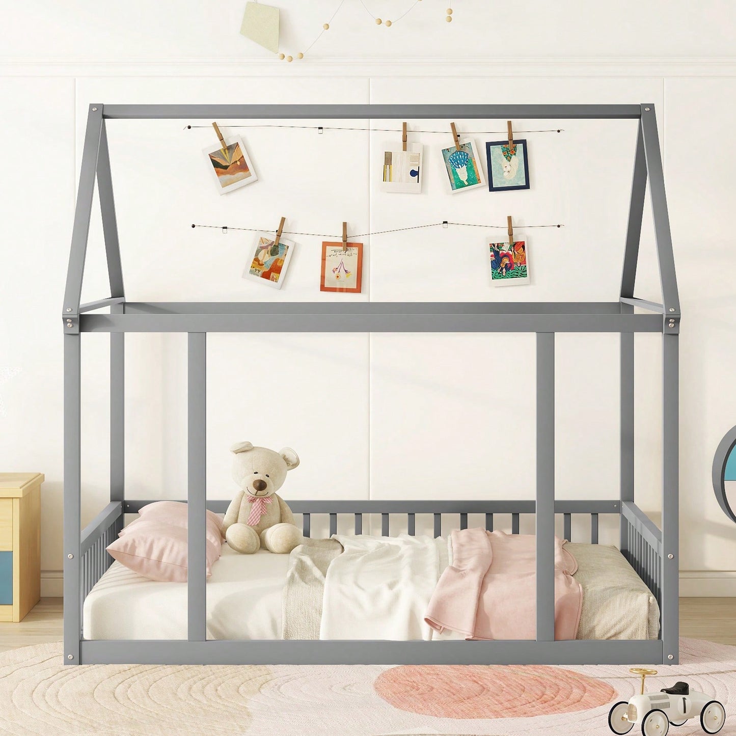 Wooden House Frame Bed With Safety Guardrails In Gray For Kids