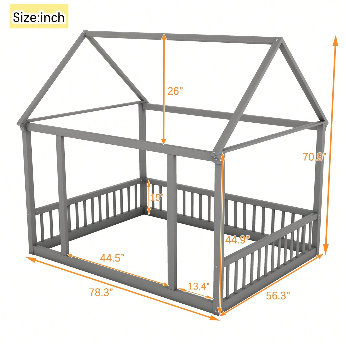 Wooden House Frame Bed With Safety Guardrails In Gray For Kids