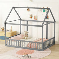 Wooden House Frame Bed With Safety Guardrails In Gray For Kids