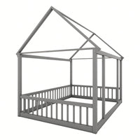 Wooden House Frame Bed With Safety Guardrails In Gray For Kids