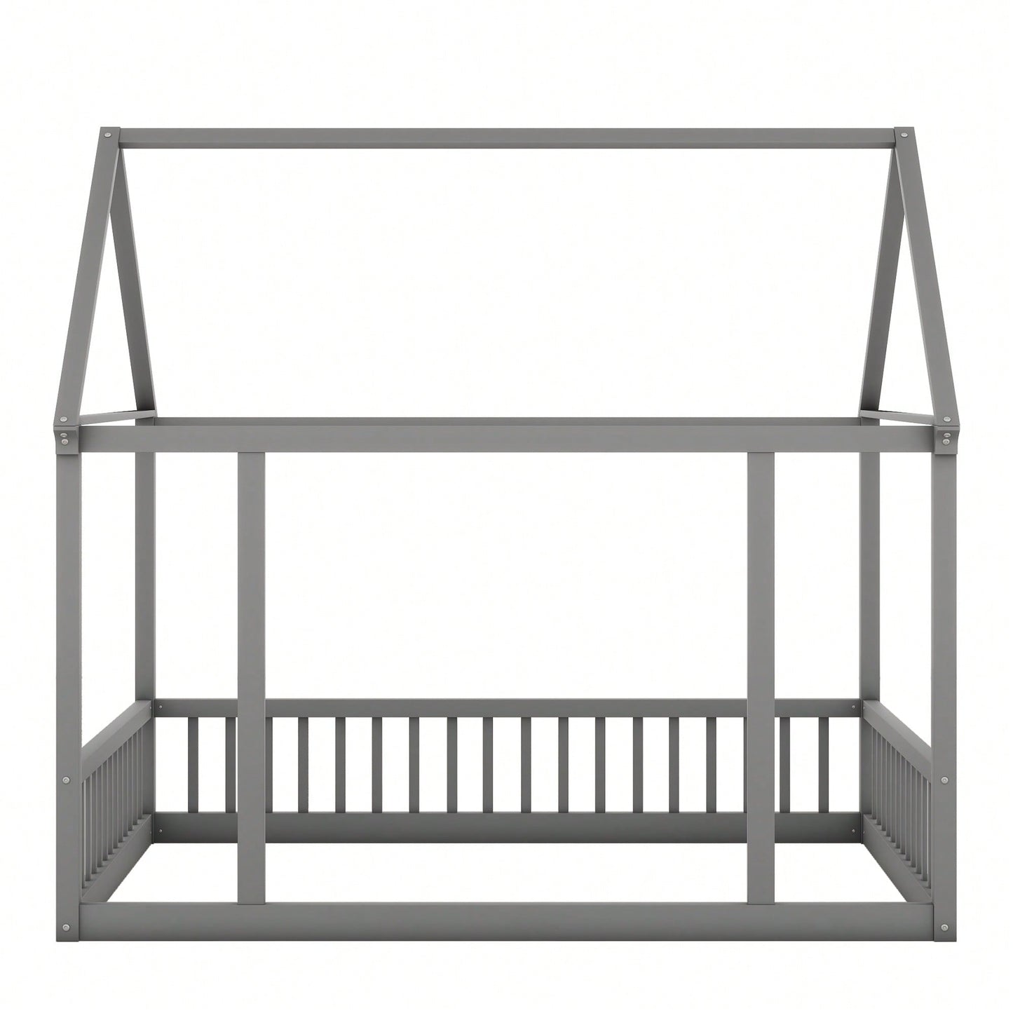 Wooden House Frame Bed With Safety Guardrails In Gray For Kids