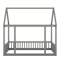 Wooden House Frame Bed With Safety Guardrails In Gray For Kids