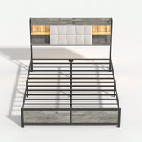 Queen Size Upholstered Platform Bed Frame with LED Lights Power Outlet Storage Sturdy Metal Slats Easy Assembly Noise-Free Design