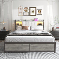 Queen Size Upholstered Platform Bed Frame with LED Lights Power Outlet Storage Sturdy Metal Slats Easy Assembly Noise-Free Design