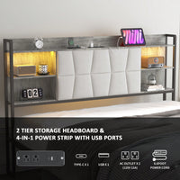 Queen Size Upholstered Platform Bed Frame with LED Lights Power Outlet Storage Sturdy Metal Slats Easy Assembly Noise-Free Design