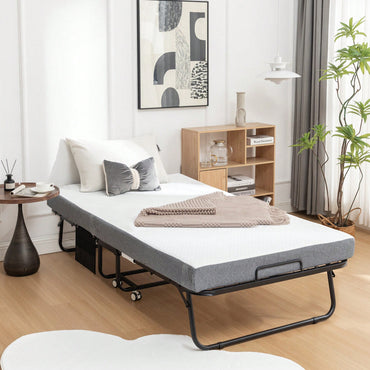 Portable Folding Bed With Memory Foam Mattress And Metal Frame, Rollaway Guest Bed On Wheels For Adults, Cot Size 75 X 38 With Storage Cover