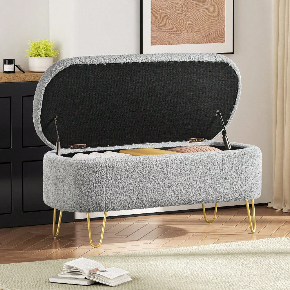 Upholstered Cream Storage Bench For Living Room Bedroom Entryway With Metal Legs