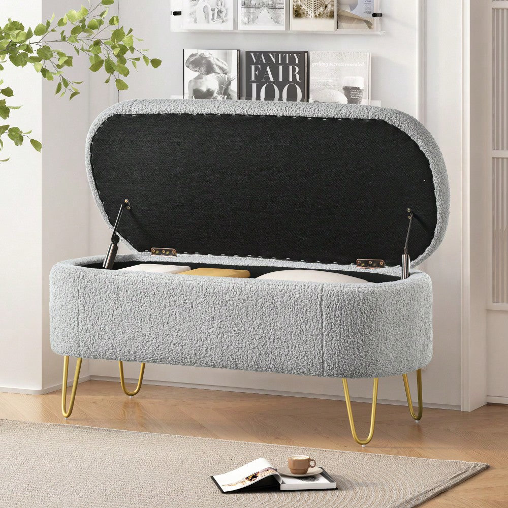 Upholstered Cream Storage Bench For Living Room Bedroom Entryway With Metal Legs