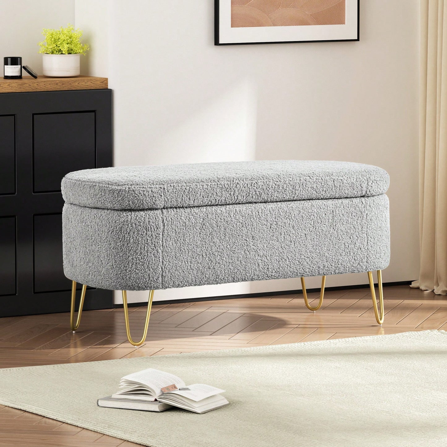 Upholstered Cream Storage Bench For Living Room Bedroom Entryway With Metal Legs