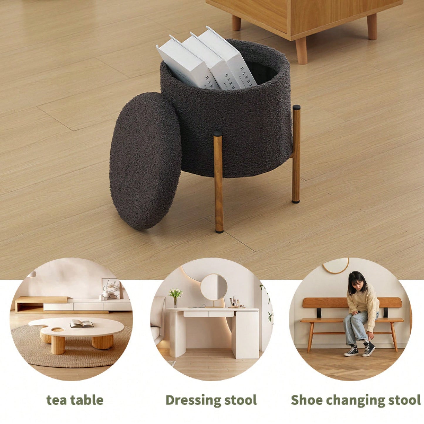 Stylish Round Storage Ottoman With Metal Base For Living Room Bedroom And Makeup Room Gray Footstool With Removable Lid