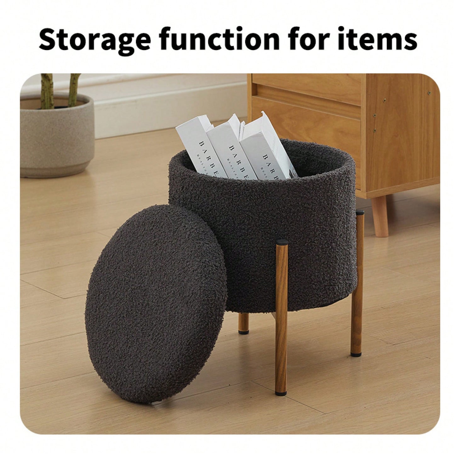 Stylish Round Storage Ottoman With Metal Base For Living Room Bedroom And Makeup Room Gray Footstool With Removable Lid