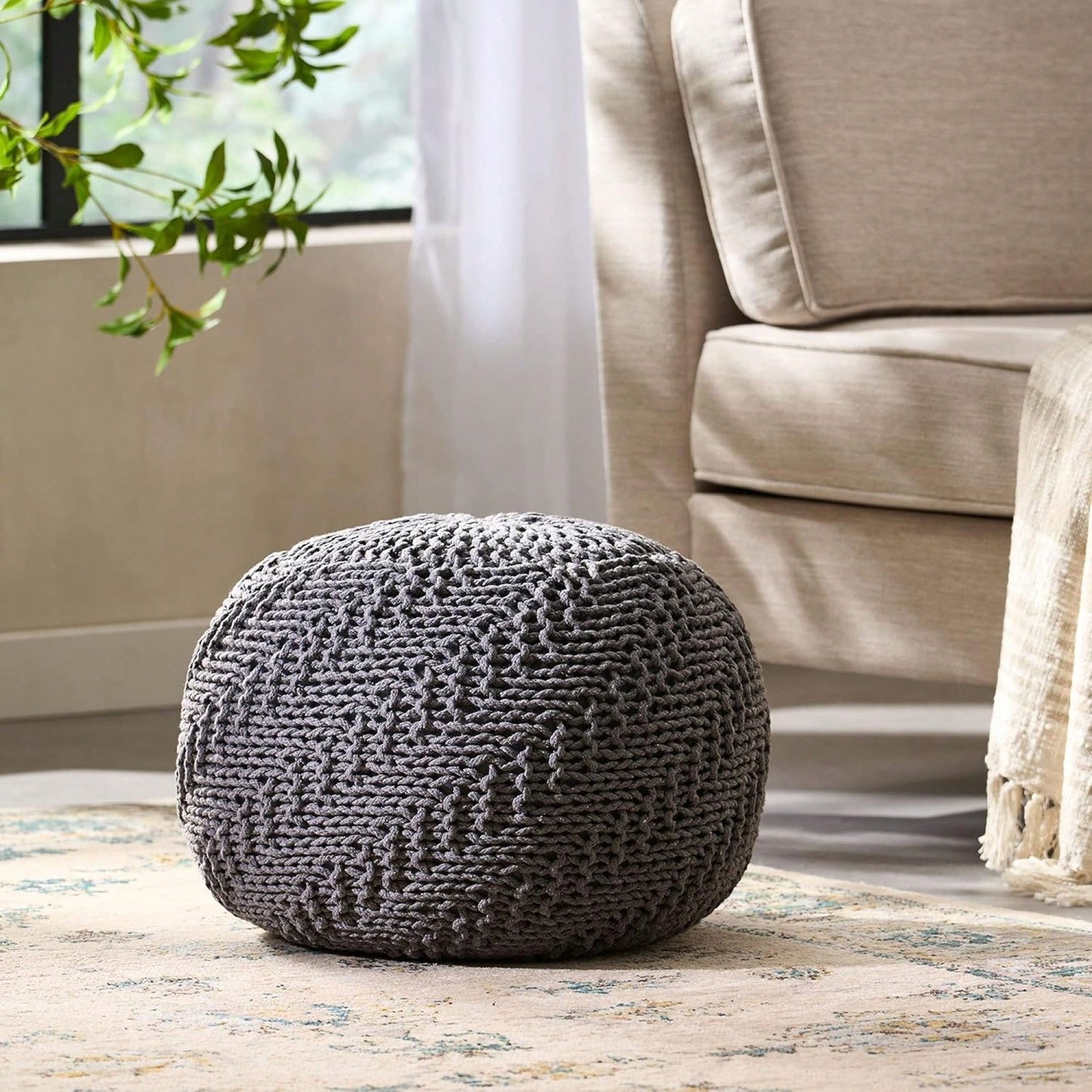 Friendly Knitted PET Yarn Round Pouf For Stylish Home Decor 20 X 20 Inches