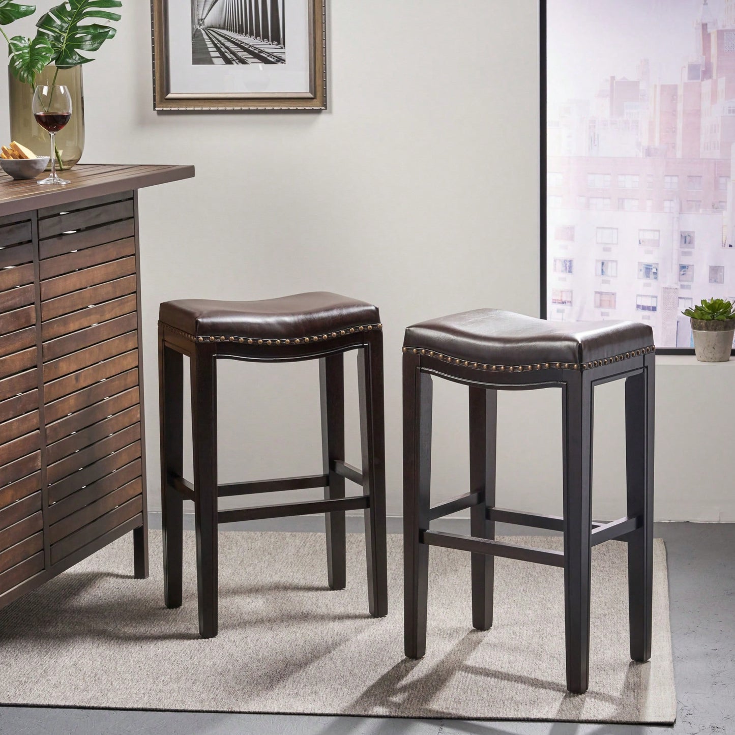 Elegant Upholstered Barstool With Studded Accents For Modern Dining Spaces