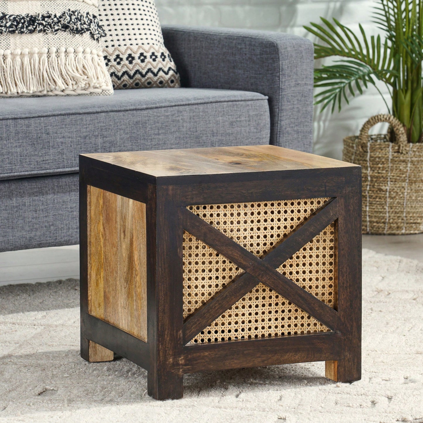 Natural Mango Wood And Cane Square Cube Ottoman For Stylish Home Decor