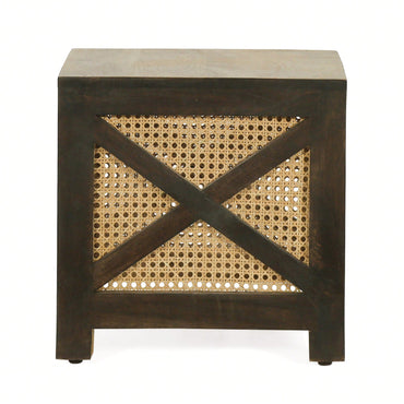 Natural Mango Wood And Cane Square Cube Ottoman For Stylish Home Decor