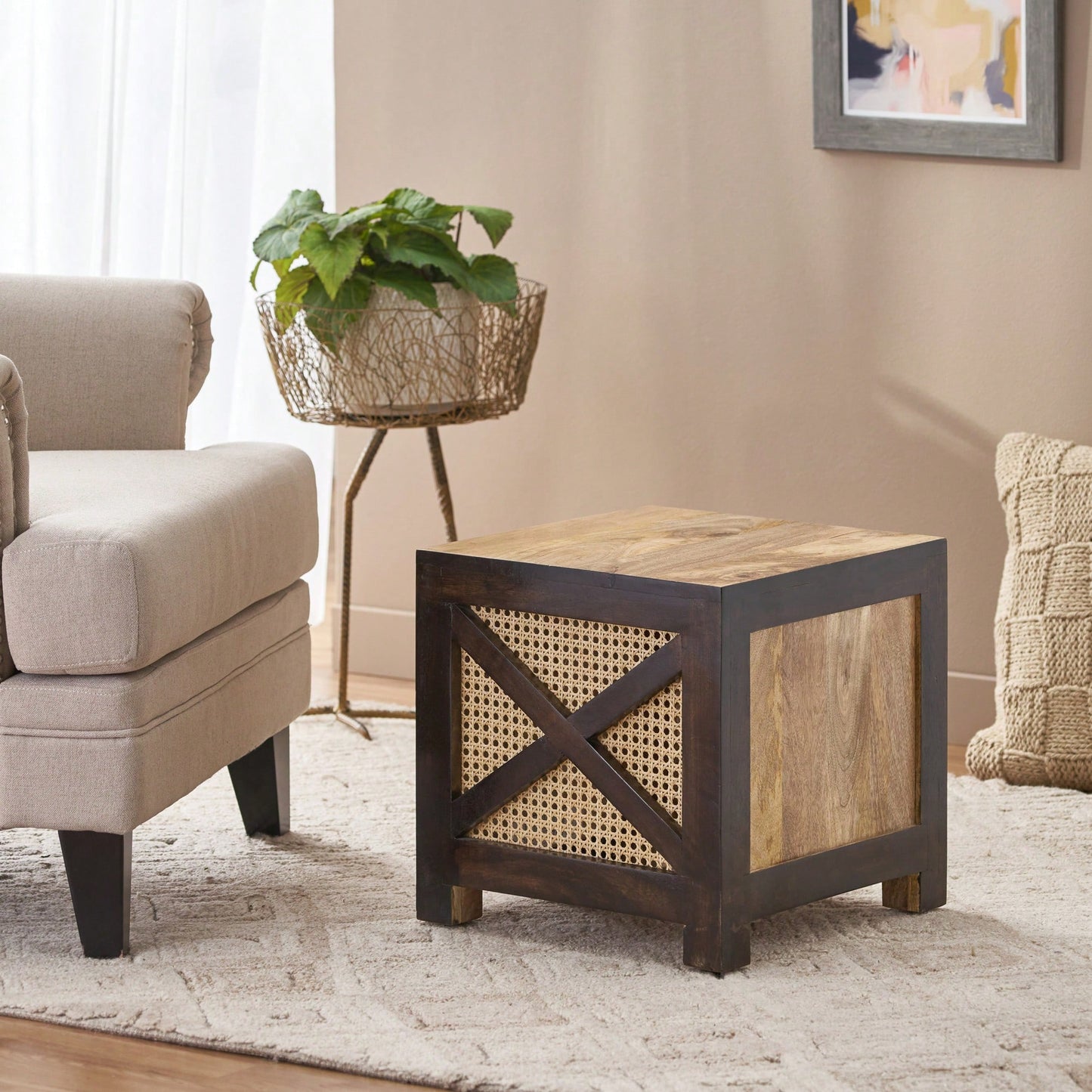 Natural Mango Wood And Cane Square Cube Ottoman For Stylish Home Decor