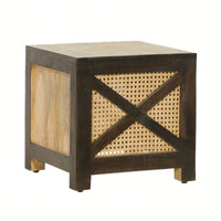 Natural Mango Wood And Cane Square Cube Ottoman For Stylish Home Decor
