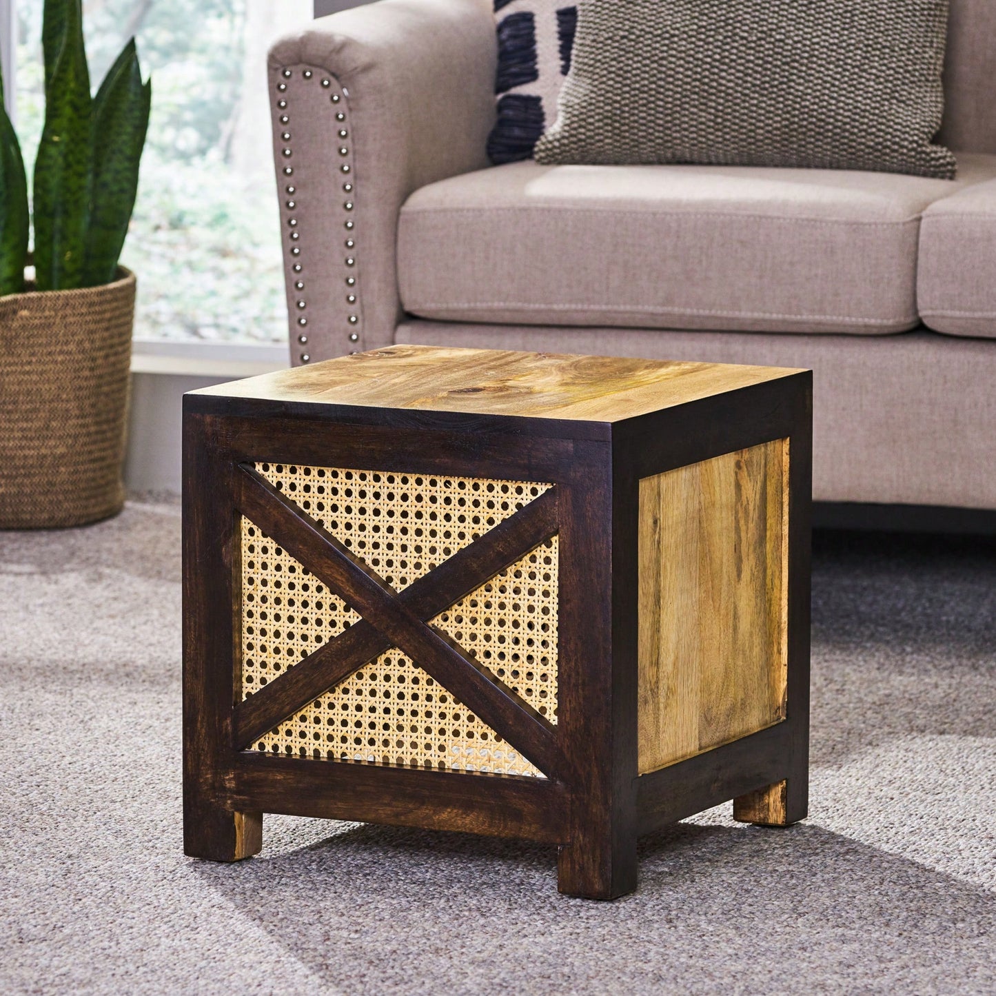 Natural Mango Wood And Cane Square Cube Ottoman For Stylish Home Decor