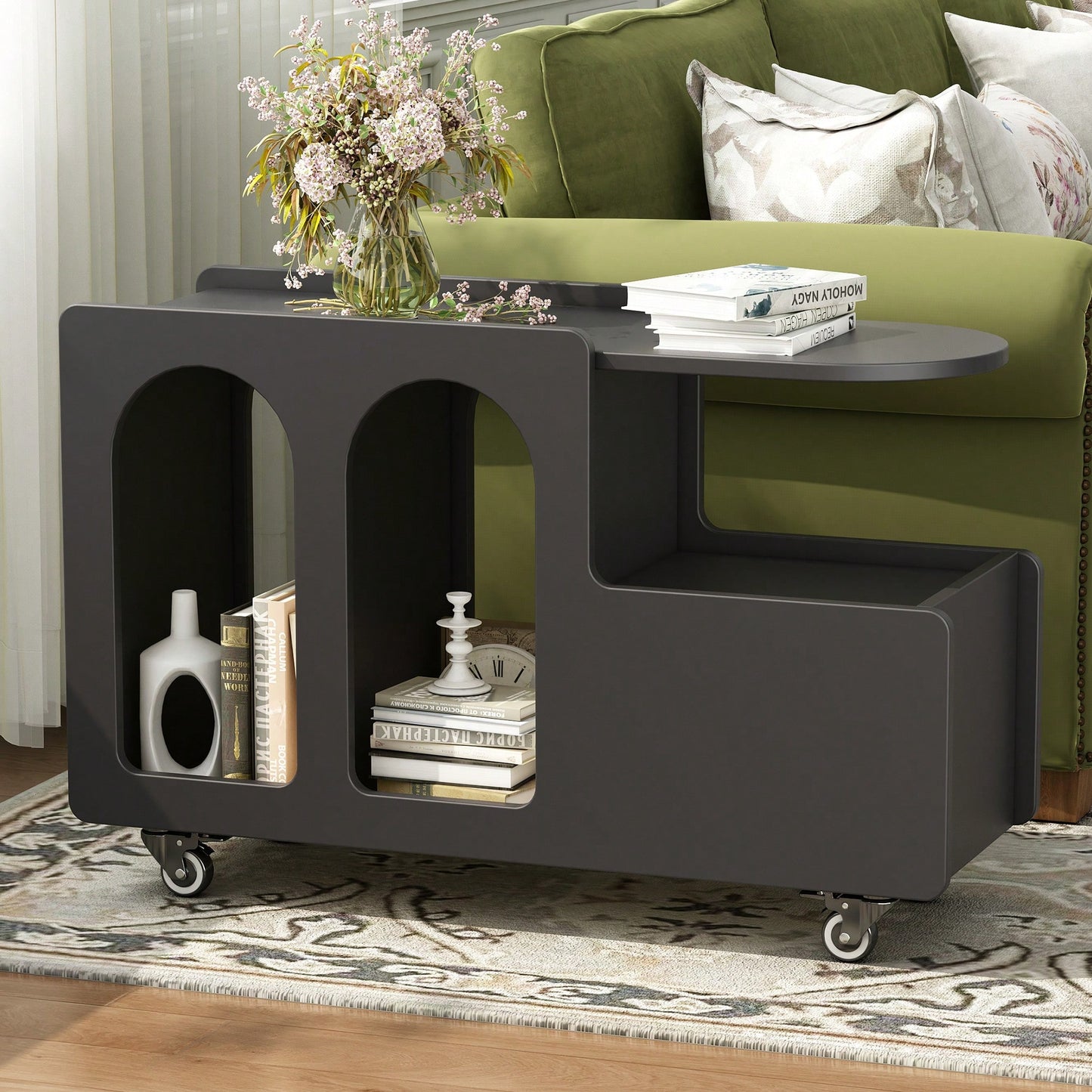 Cream Side Table With Lockable Wheels And Storage Drawer, Narrow 11.8 Inch Multi-Layer Nightstand For Living Room, Black Finish