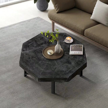 Antique Black Octagonal Wooden Patchwork Coffee Table With Cross Metal Legs For Living Room Decor 30 Inch