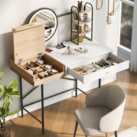 Stylish Black Makeup Vanity Desk with Tri-Mode Lighted Mirror and Wireless Charger for Bedroom Storage