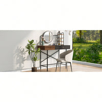 Stylish Black Makeup Vanity Desk with Tri-Mode Lighted Mirror and Wireless Charger for Bedroom Storage