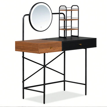 Stylish Black Makeup Vanity Desk with Tri-Mode Lighted Mirror and Wireless Charger for Bedroom Storage