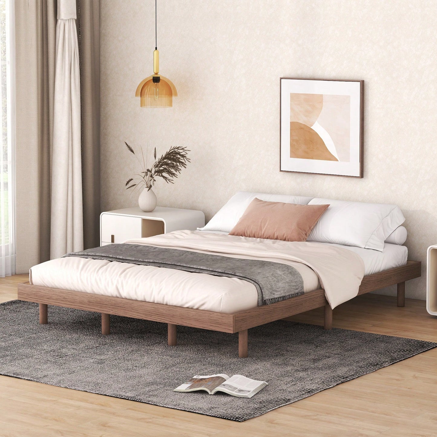 White Washed Modern Queen Floating Platform Bed Frame