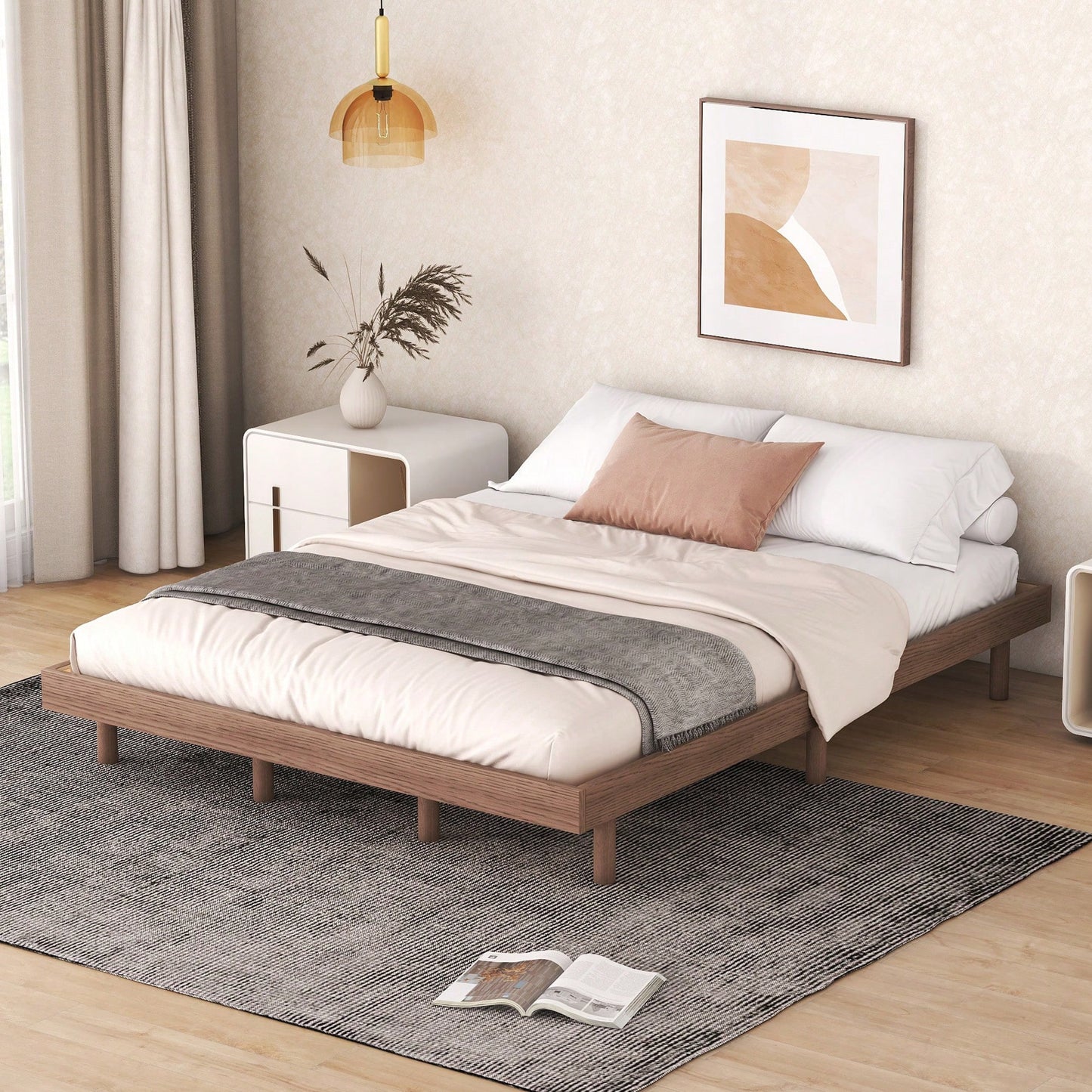 White Washed Modern Queen Floating Platform Bed Frame