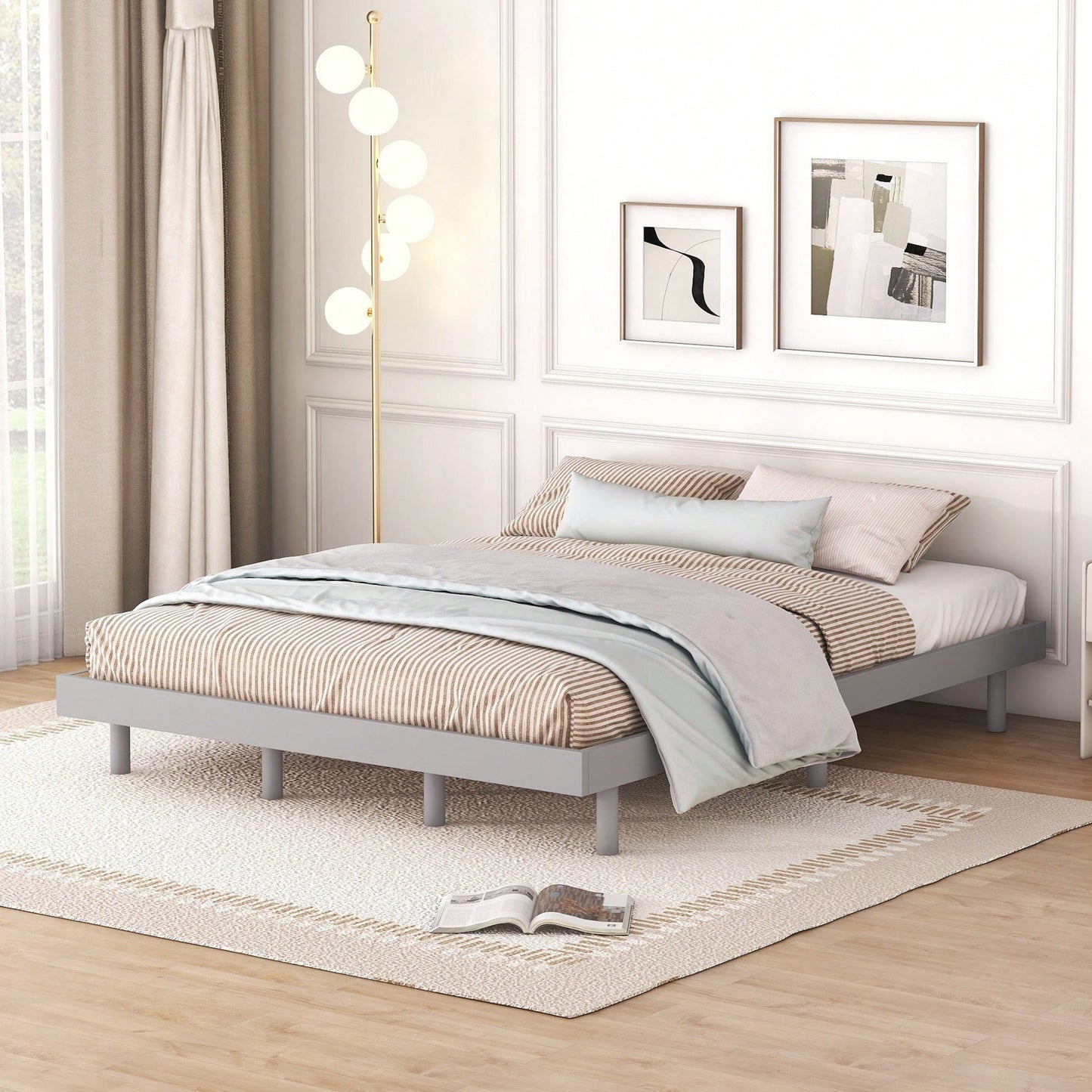 White Washed Modern Queen Floating Platform Bed Frame