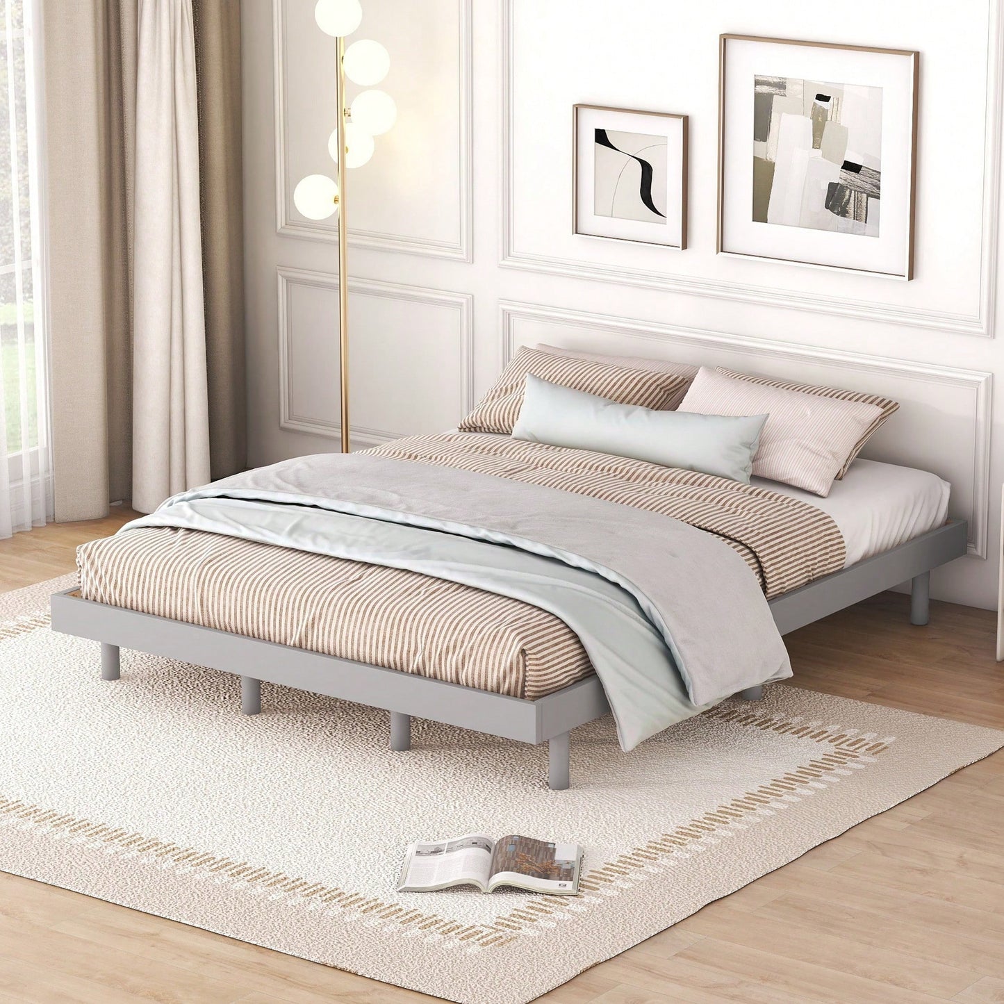 White Washed Modern Queen Floating Platform Bed Frame